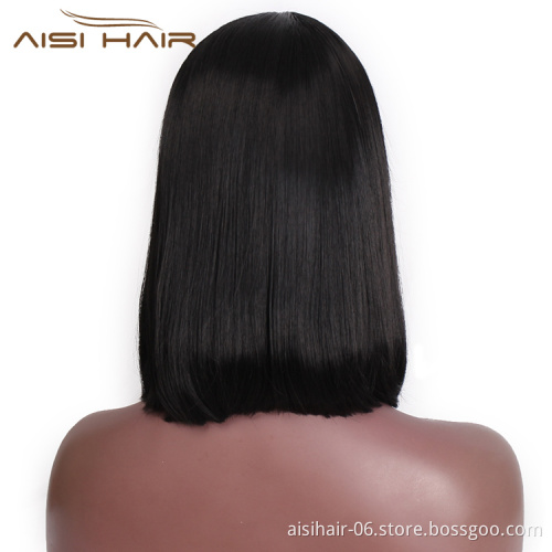 Aisi Hair 14 inch Short Bob Lace Frontal Black Wig Synthetic Hair Natural Front Lace Wig Straight Silky Wigs For Black Women